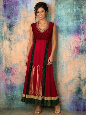📌Red Green Gold Ethnic Inspired Anarkali Style Formal Cultural Event Dress